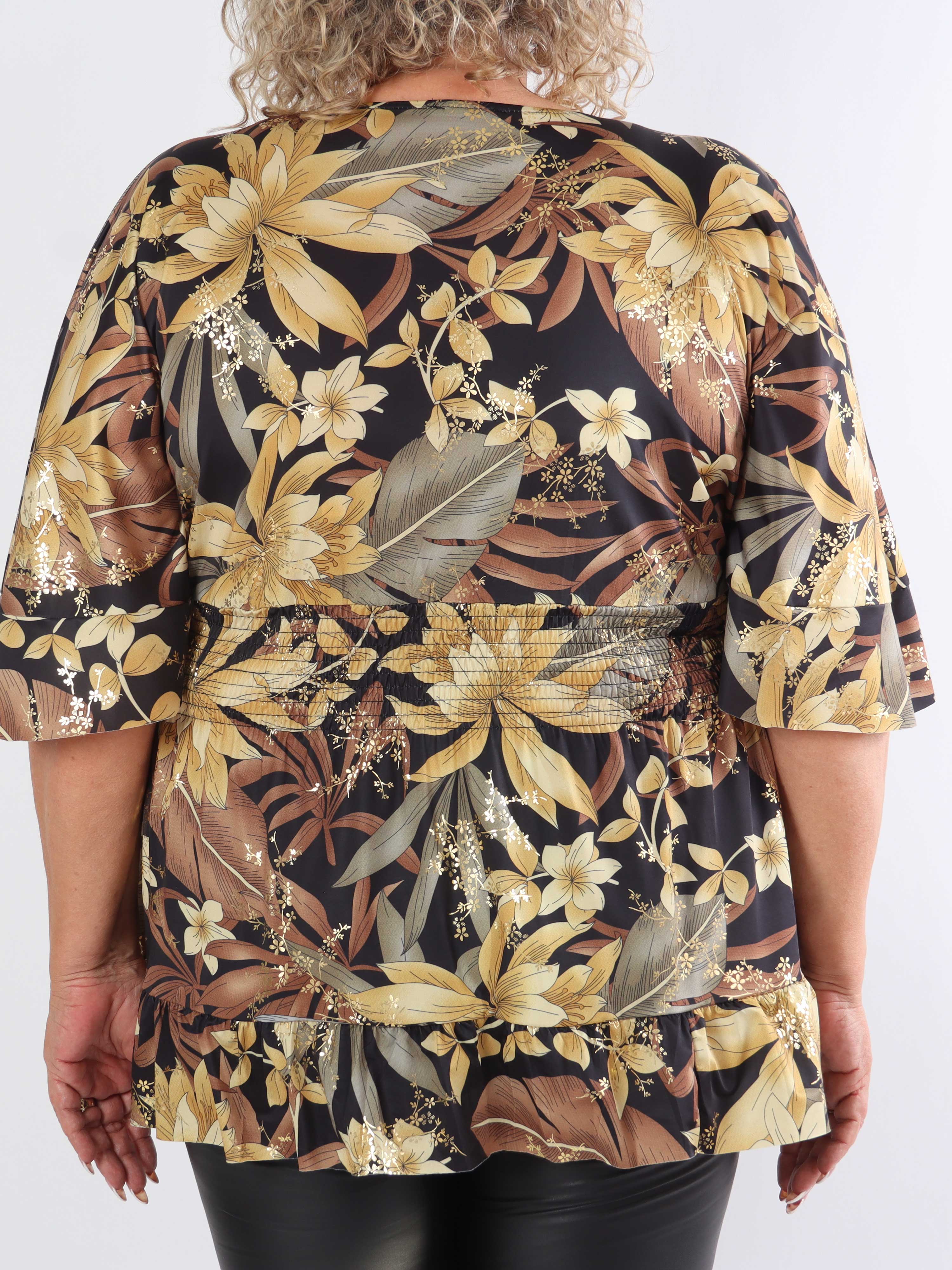 Pamela Gold Flower Shirt - Söt tunika i plusstorlek med smock och volanger